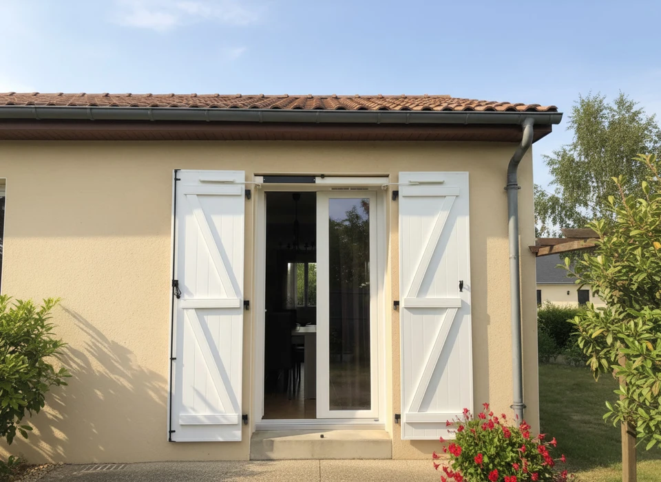 Main tenant une poignée pour ouvrir des volets intérieurs en bois, dans un environnement résidentiel