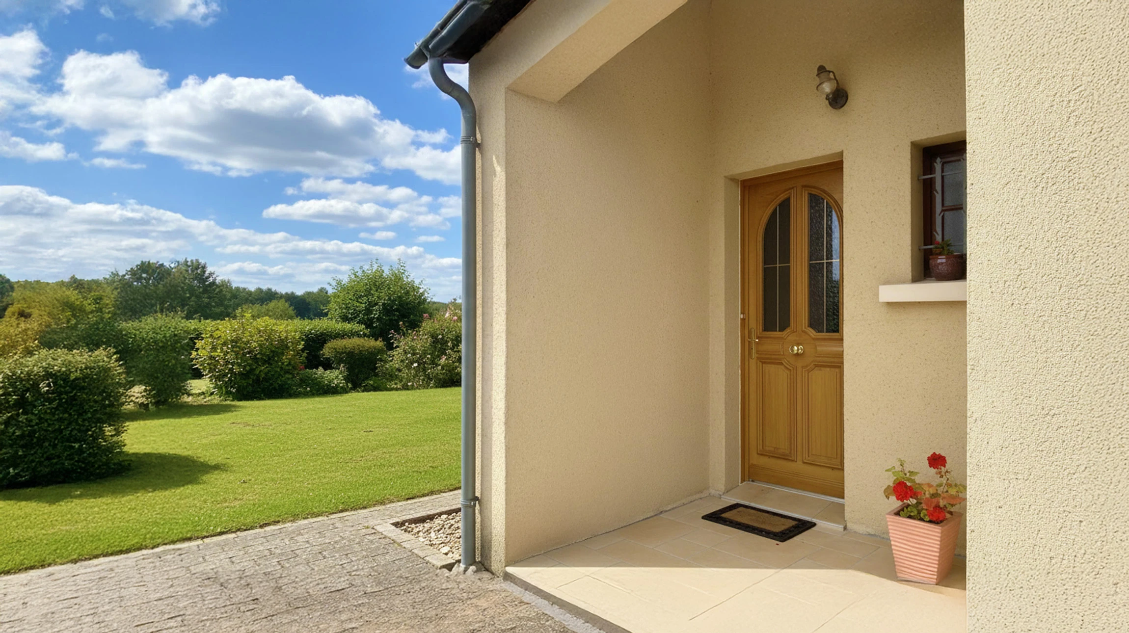 Entrée principale d'une maison résidentielle avec double porte en bois brun à panneaux surélevés, encadrée par des colonnes blanches cannelées sur bases en pierre naturelle multicolore