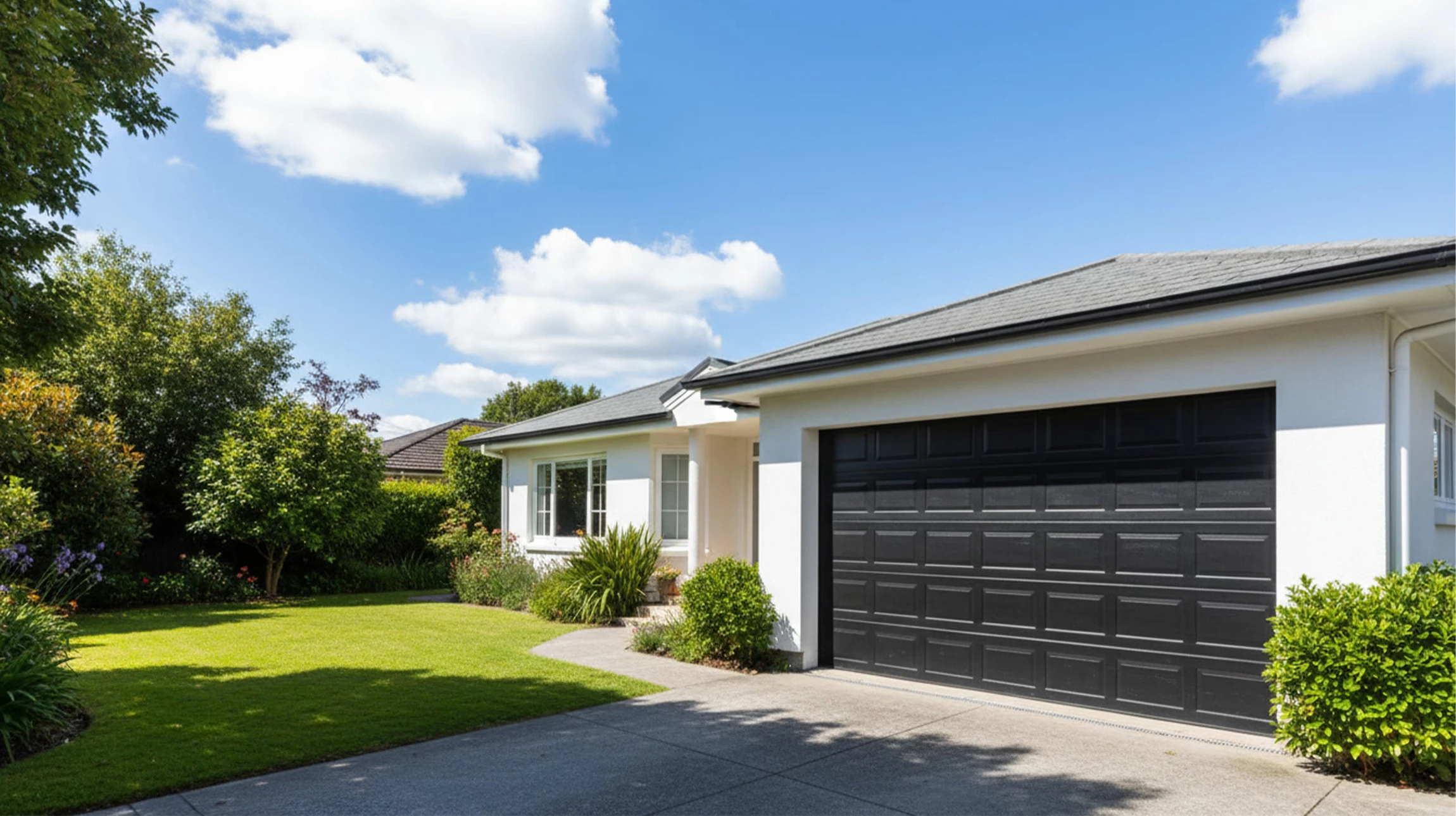 Garage de voiture moderne avec porte automatique devant un immeuble résidentiel